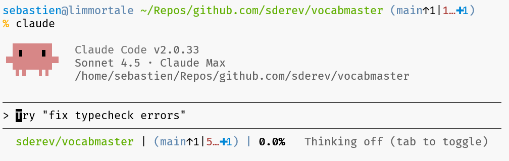 Claude Code status line with git status and context percentage.